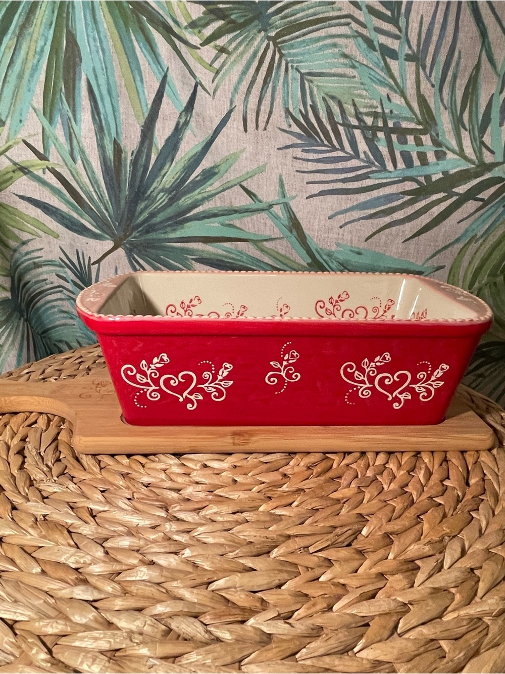Temptations Red and Cream Decorative Ceramic Loaf Pan and Wood Trivet Holder